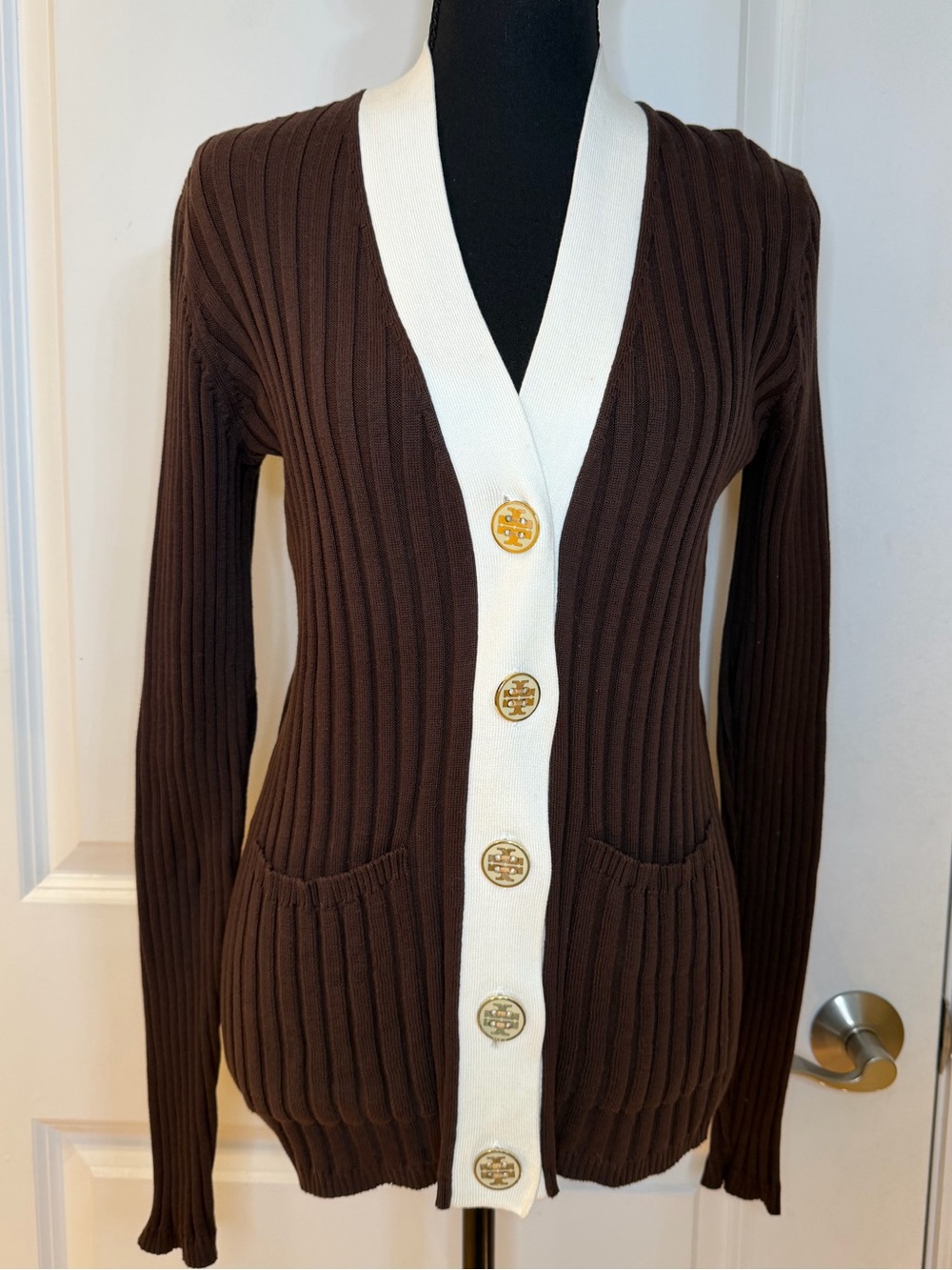 Tory Burch Brown Ribbed Cardigan with Cream Placket and Gold Buttons, size S